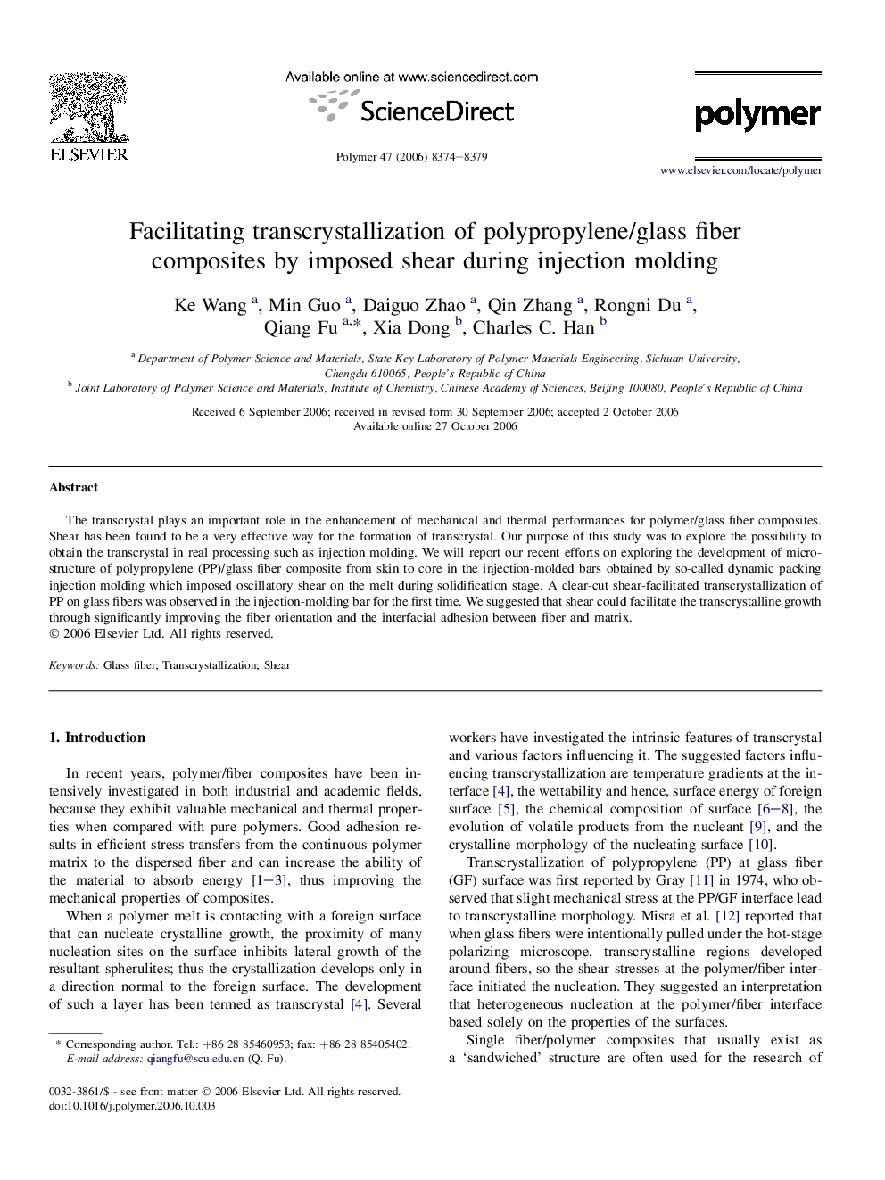 Facilitating transcrystallization of polypropylene/glass fiber composites by imposed shear during injection molding