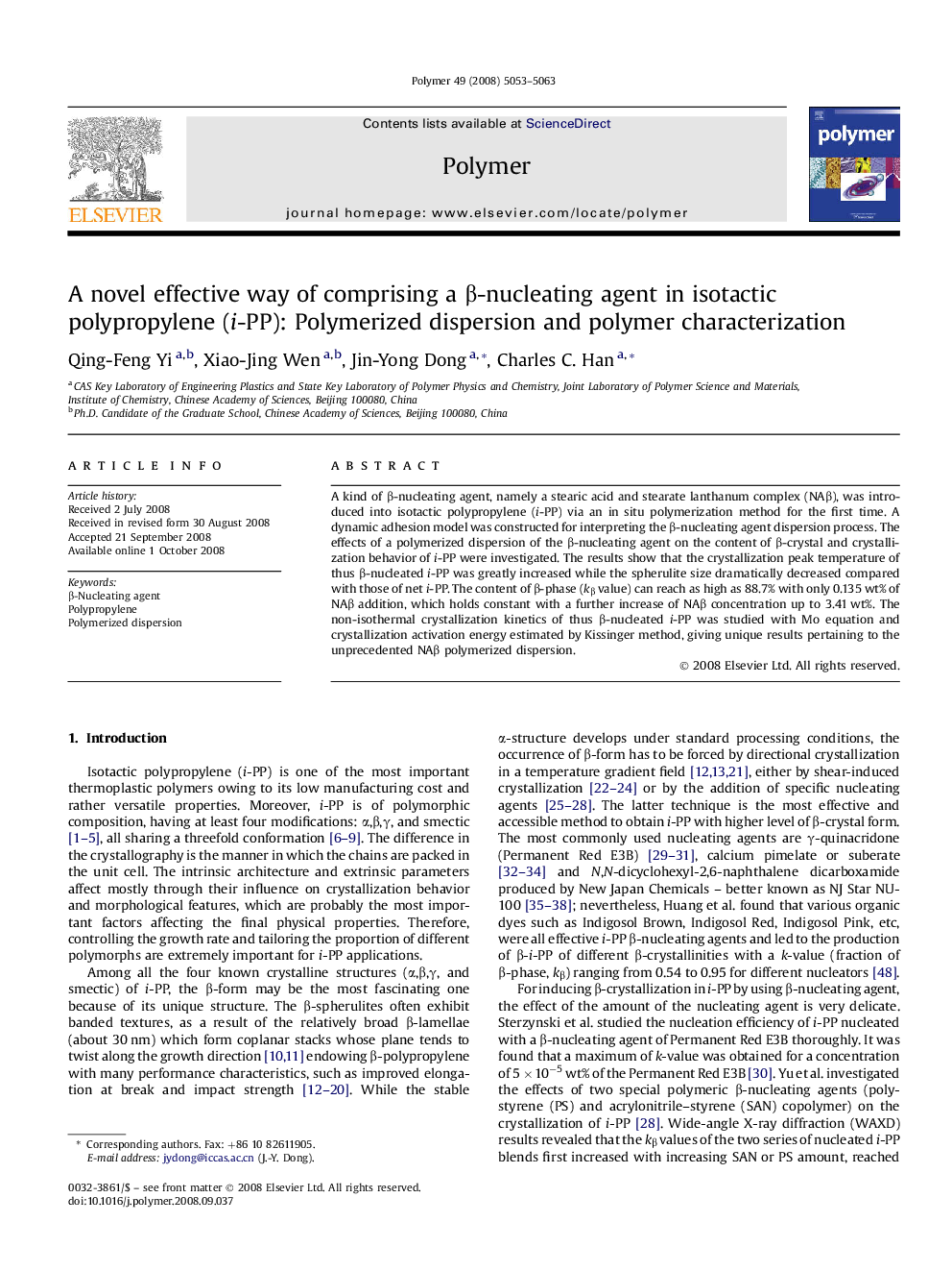 A novel effective way of comprising a Î²-nucleating agent in isotactic polypropylene (i-PP): Polymerized dispersion and polymer characterization