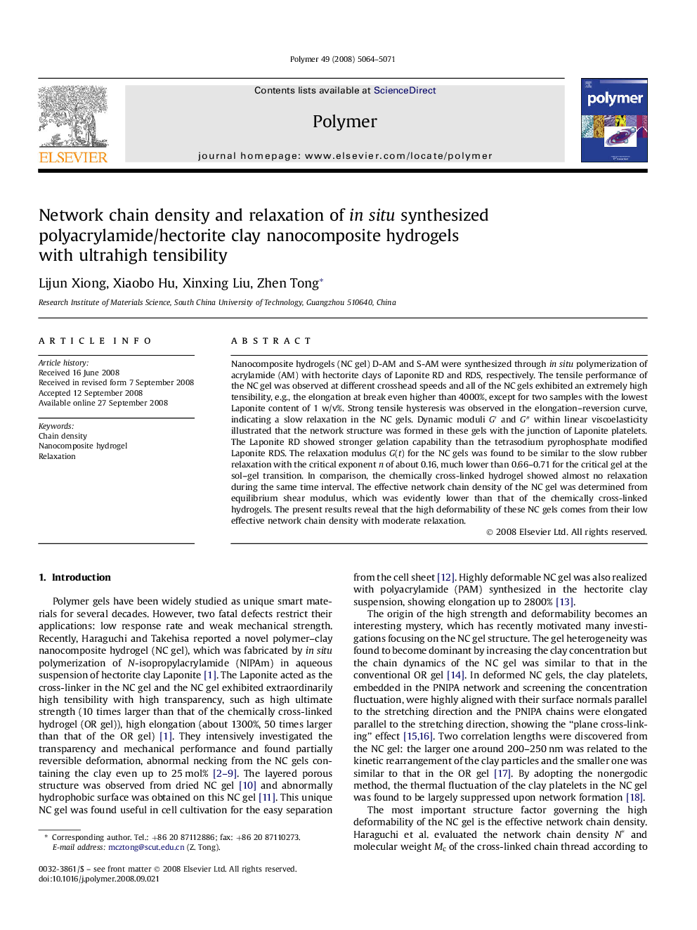 Network chain density and relaxation of in situ synthesized polyacrylamide/hectorite clay nanocomposite hydrogels with ultrahigh tensibility