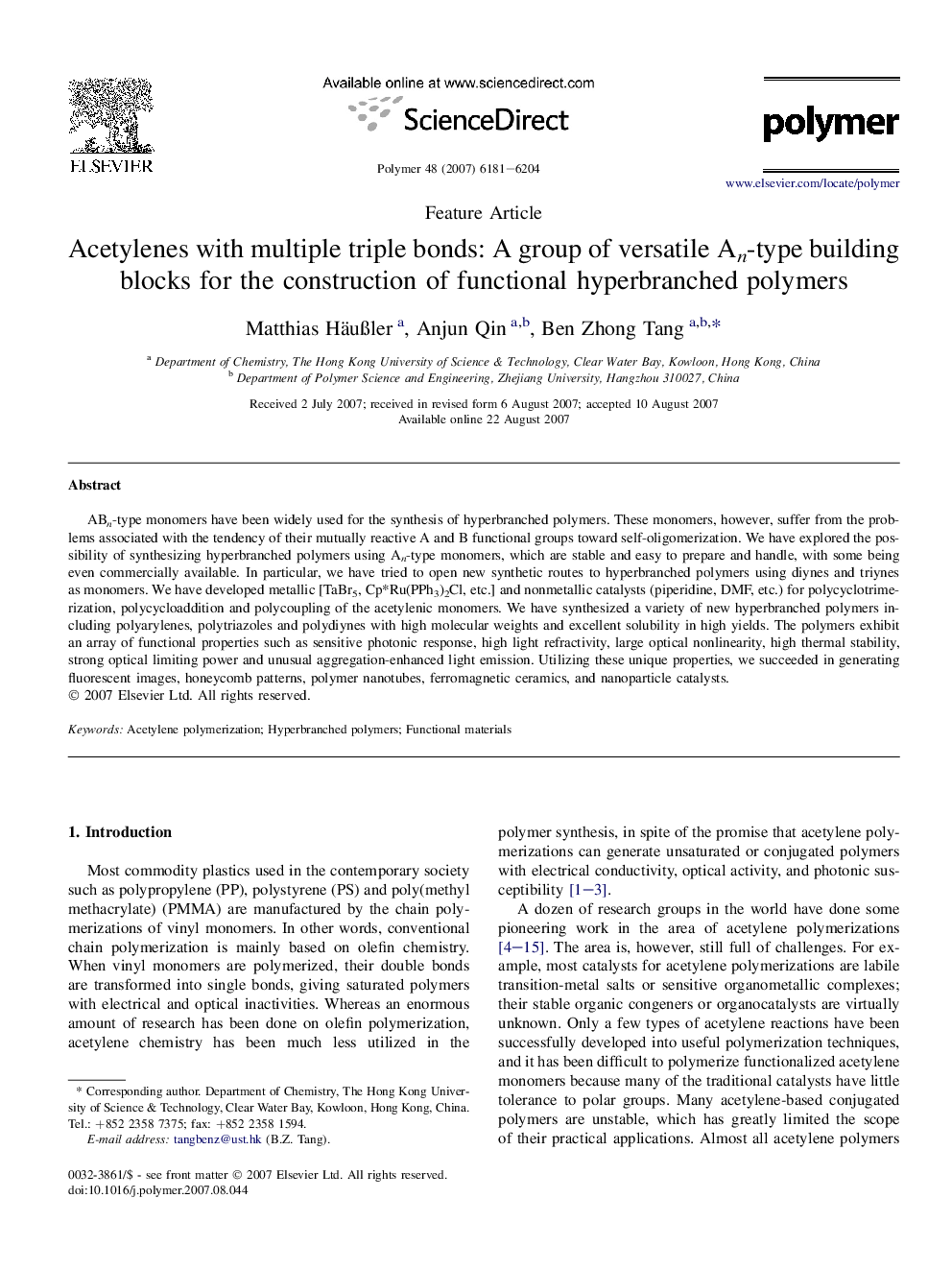 Acetylenes with multiple triple bonds: A group of versatile An-type building blocks for the construction of functional hyperbranched polymers