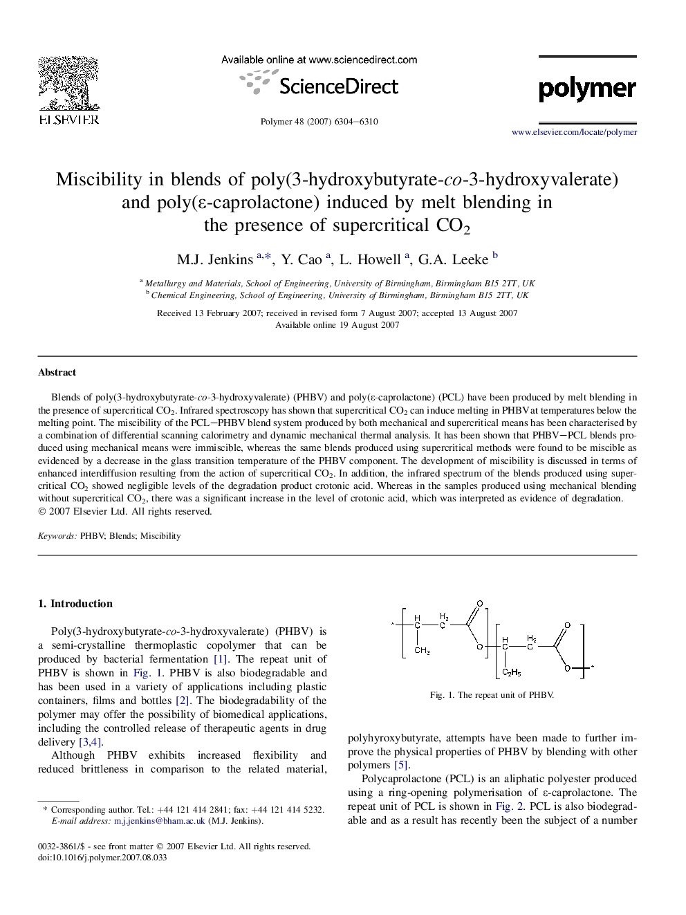 Miscibility in blends of poly(3-hydroxybutyrate-co-3-hydroxyvalerate) and poly(É-caprolactone) induced by melt blending in the presence of supercritical CO2