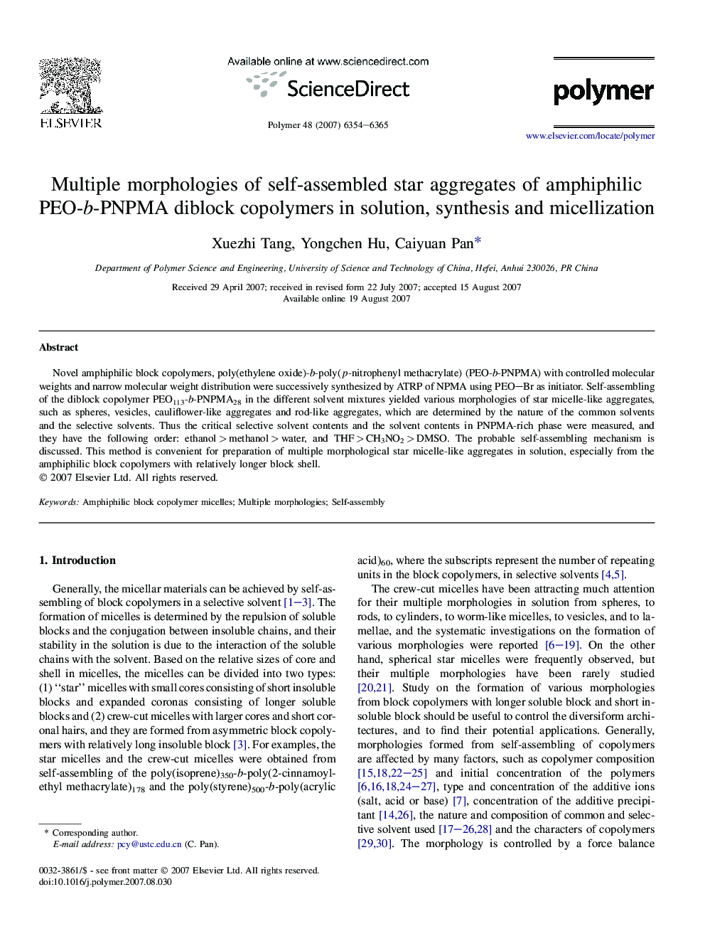 Multiple morphologies of self-assembled star aggregates of amphiphilic PEO-b-PNPMA diblock copolymers in solution, synthesis and micellization