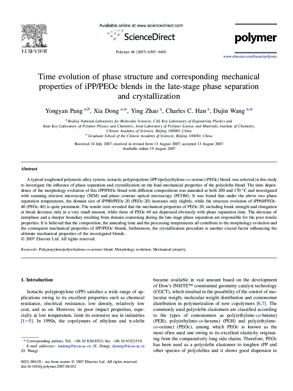 Time evolution of phase structure and corresponding mechanical properties of iPP/PEOc blends in the late-stage phase separation and crystallization