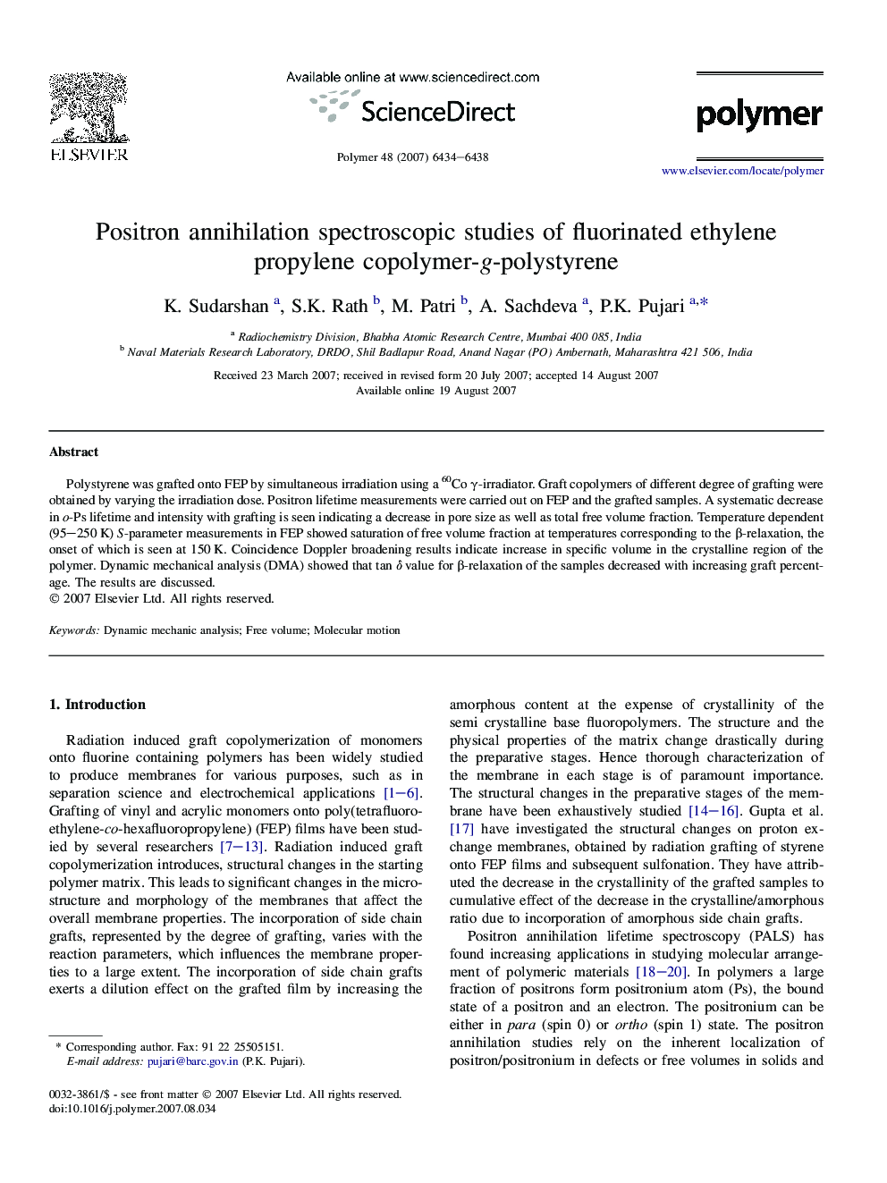 Positron annihilation spectroscopic studies of fluorinated ethylene propylene copolymer-g-polystyrene