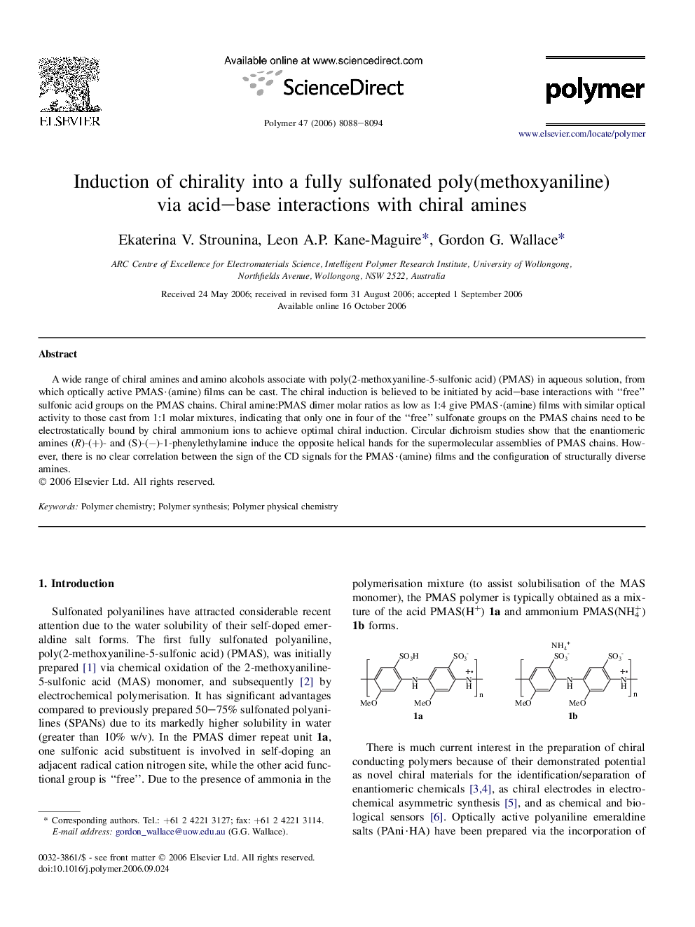 Induction of chirality into a fully sulfonated poly(methoxyaniline) via acid-base interactions with chiral amines