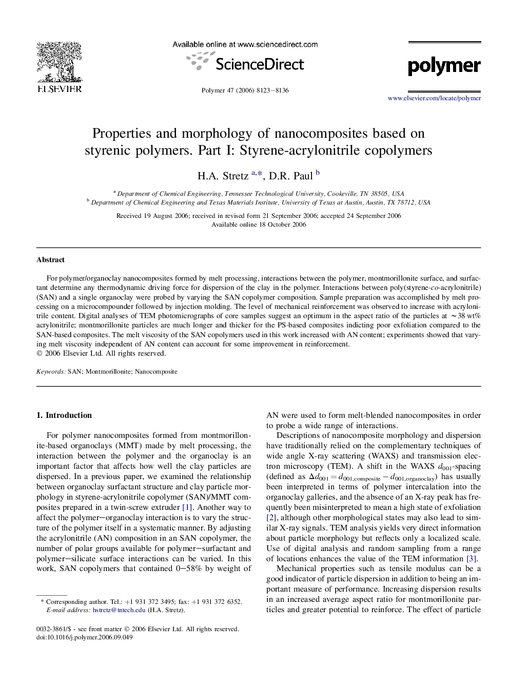 Properties and morphology of nanocomposites based on styrenic polymers. Part I: Styrene-acrylonitrile copolymers