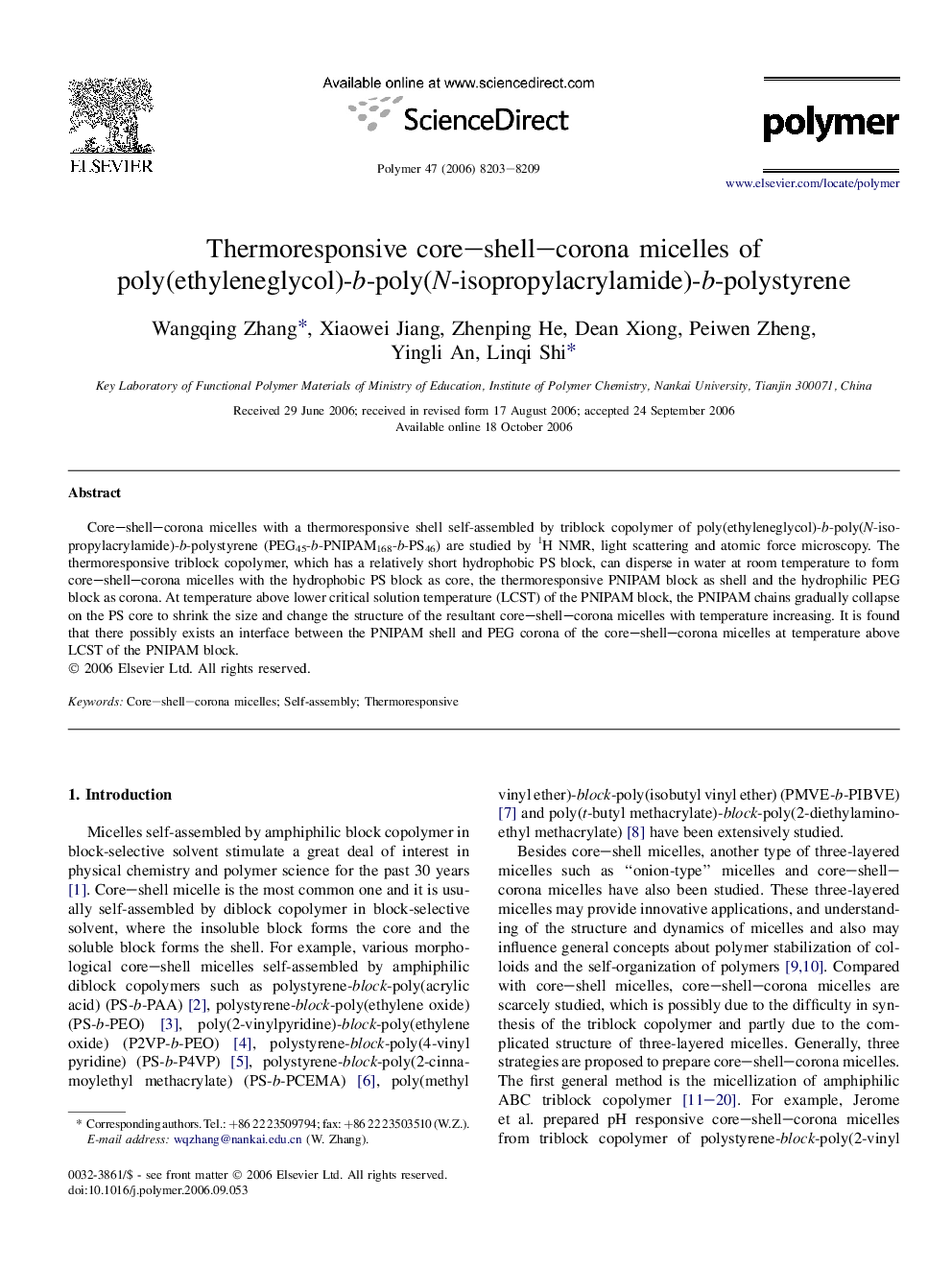 Thermoresponsive core-shell-corona micelles of poly(ethyleneglycol)-b-poly(N-isopropylacrylamide)-b-polystyrene