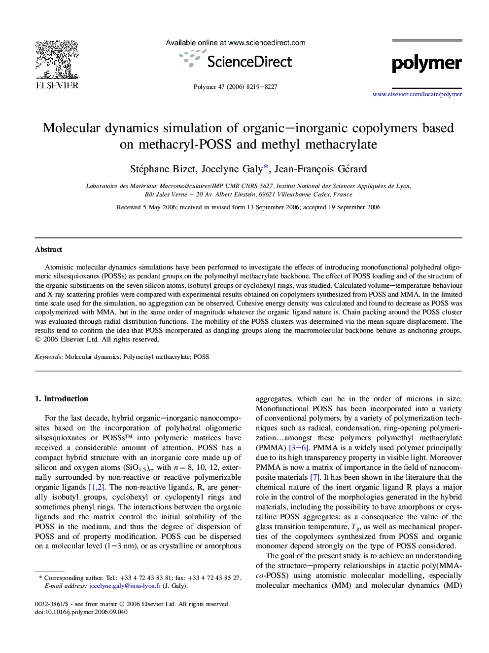 Molecular dynamics simulation of organic-inorganic copolymers based on methacryl-POSS and methyl methacrylate
