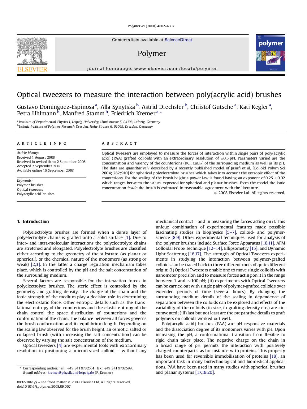 Optical tweezers to measure the interaction between poly(acrylic acid) brushes