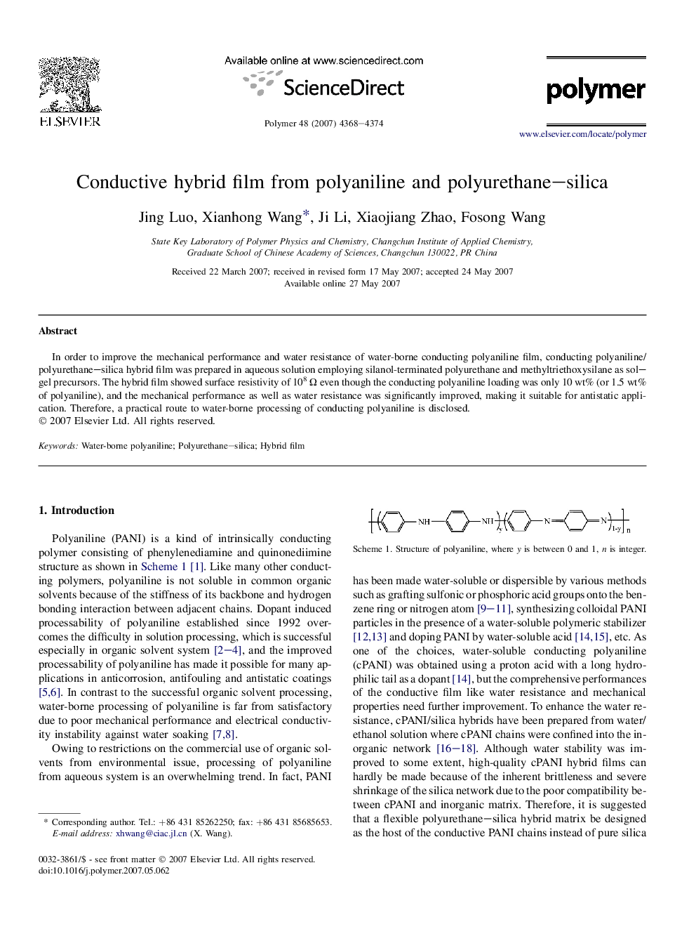 Conductive hybrid film from polyaniline and polyurethane-silica