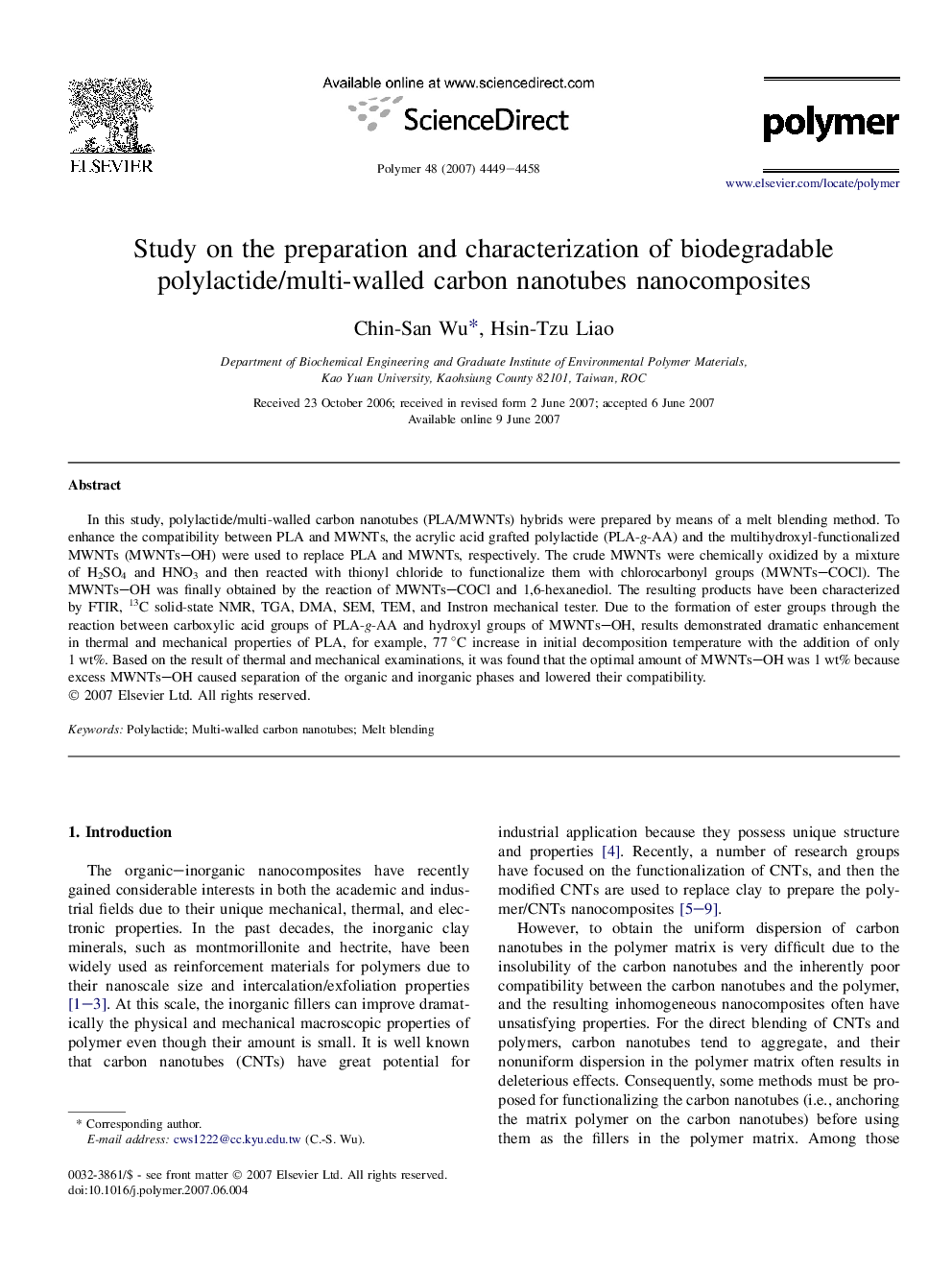 Study on the preparation and characterization of biodegradable polylactide/multi-walled carbon nanotubes nanocomposites