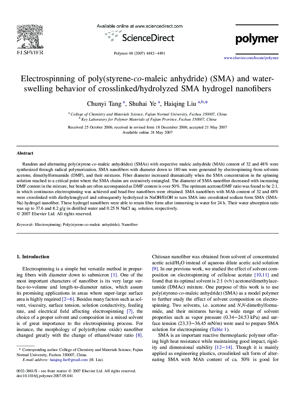 Electrospinning of poly(styrene-co-maleic anhydride) (SMA) and water-swelling behavior of crosslinked/hydrolyzed SMA hydrogel nanofibers