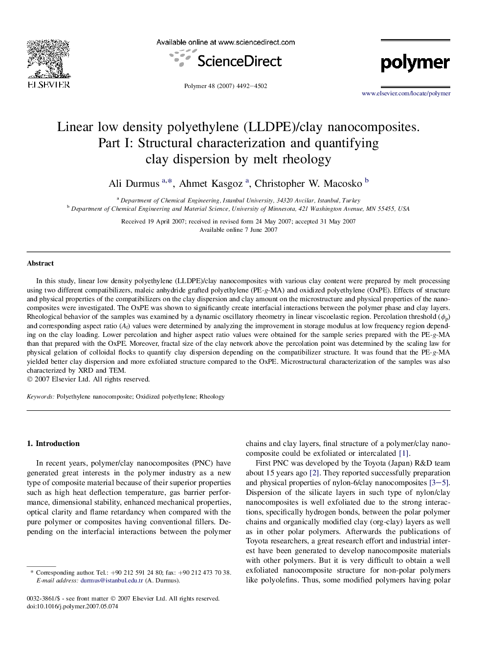 Linear low density polyethylene (LLDPE)/clay nanocomposites. Part I: Structural characterization and quantifying clay dispersion by meltÂ rheology