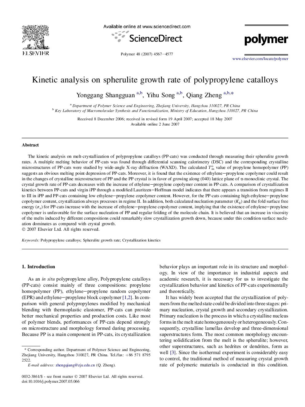 Kinetic analysis on spherulite growth rate of polypropylene catalloys