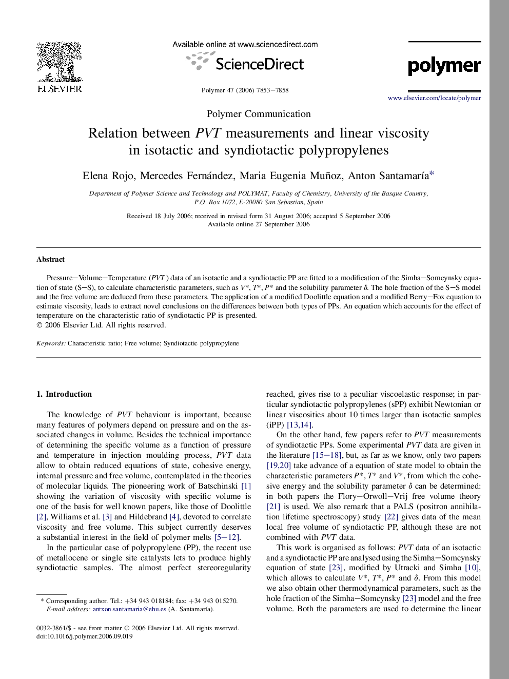 Relation between PVT measurements and linear viscosity in isotactic and syndiotactic polypropylenes