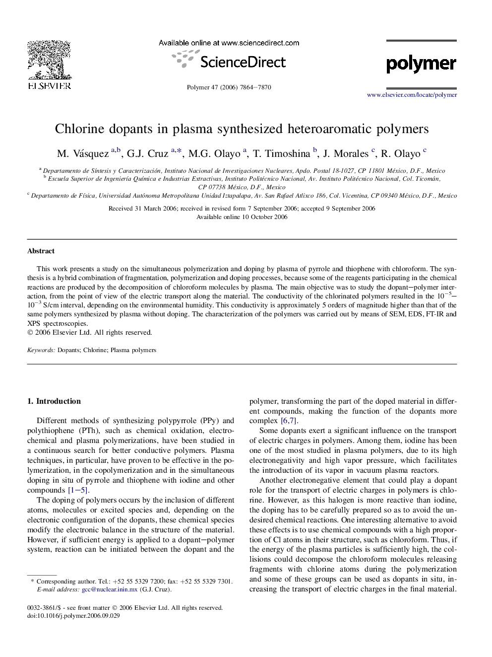 Chlorine dopants in plasma synthesized heteroaromatic polymers