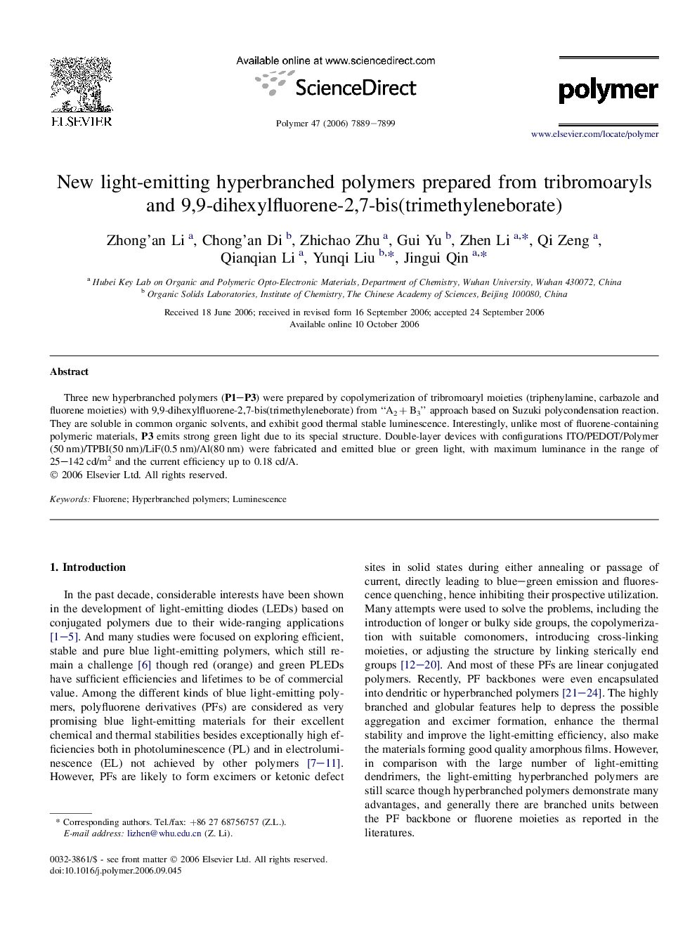 New light-emitting hyperbranched polymers prepared from tribromoaryls and 9,9-dihexylfluorene-2,7-bis(trimethyleneborate)