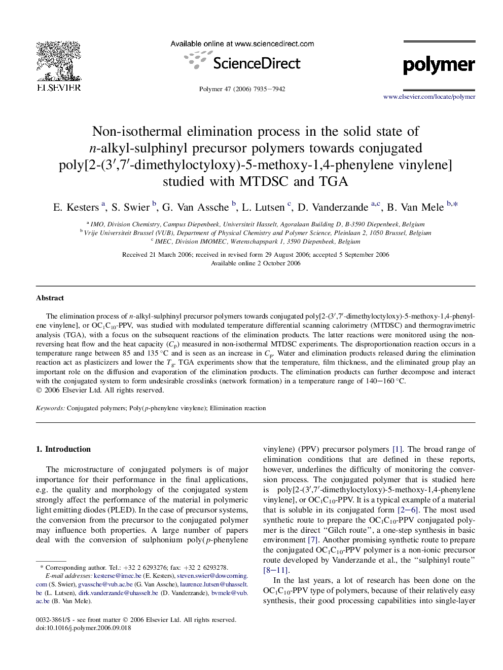 Non-isothermal elimination process in the solid state of n-alkyl-sulphinyl precursor polymers towards conjugated poly[2-(3â²,7â²-dimethyloctyloxy)-5-methoxy-1,4-phenylene vinylene] studied with MTDSC and TGA