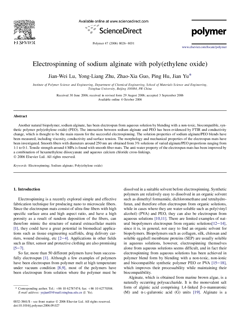 Electrospinning of sodium alginate with poly(ethylene oxide)