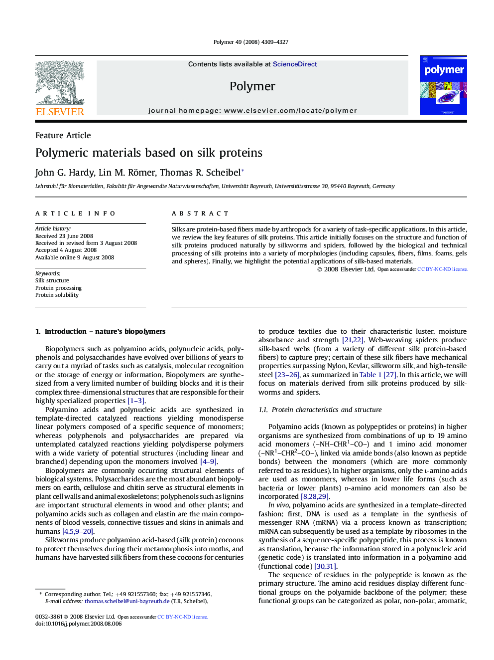 Feature articlePolymeric materials based on silk proteins