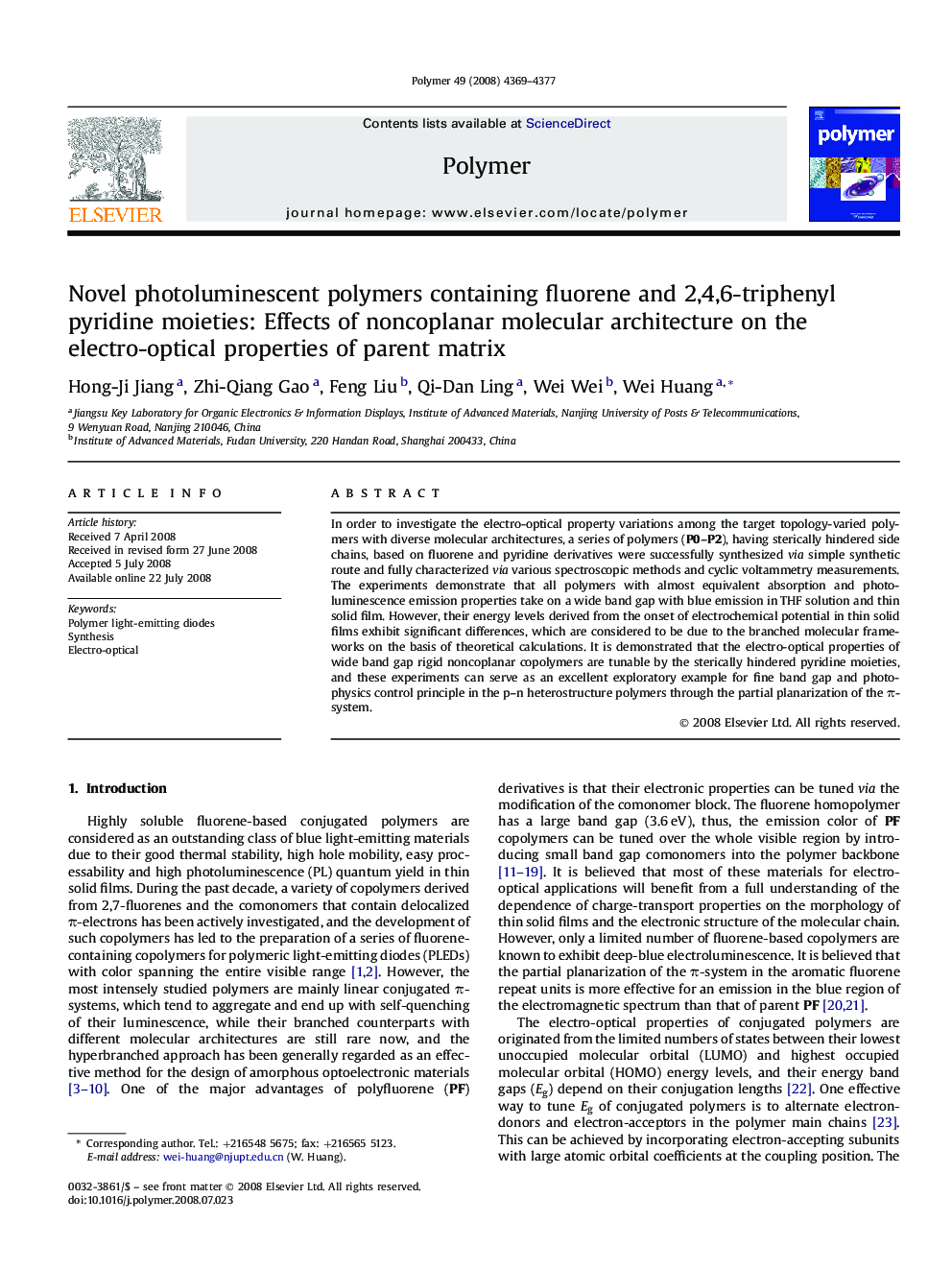 Novel photoluminescent polymers containing fluorene and 2,4,6-triphenyl pyridine moieties: Effects of noncoplanar molecular architecture on the electro-optical properties of parent matrix