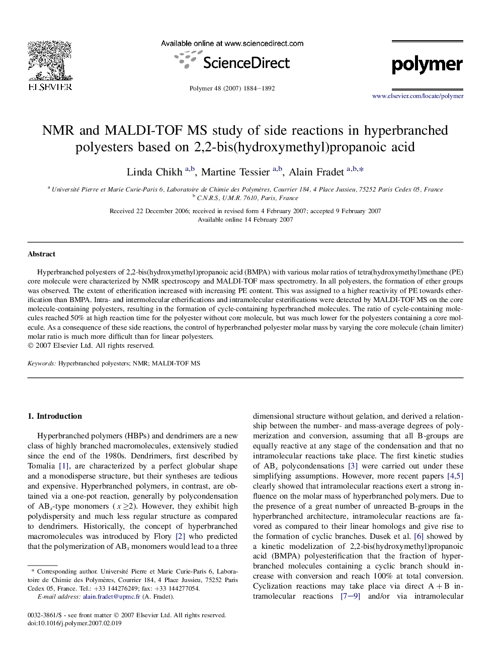 NMR and MALDI-TOF MS study of side reactions in hyperbranched polyesters based on 2,2-bis(hydroxymethyl)propanoic acid