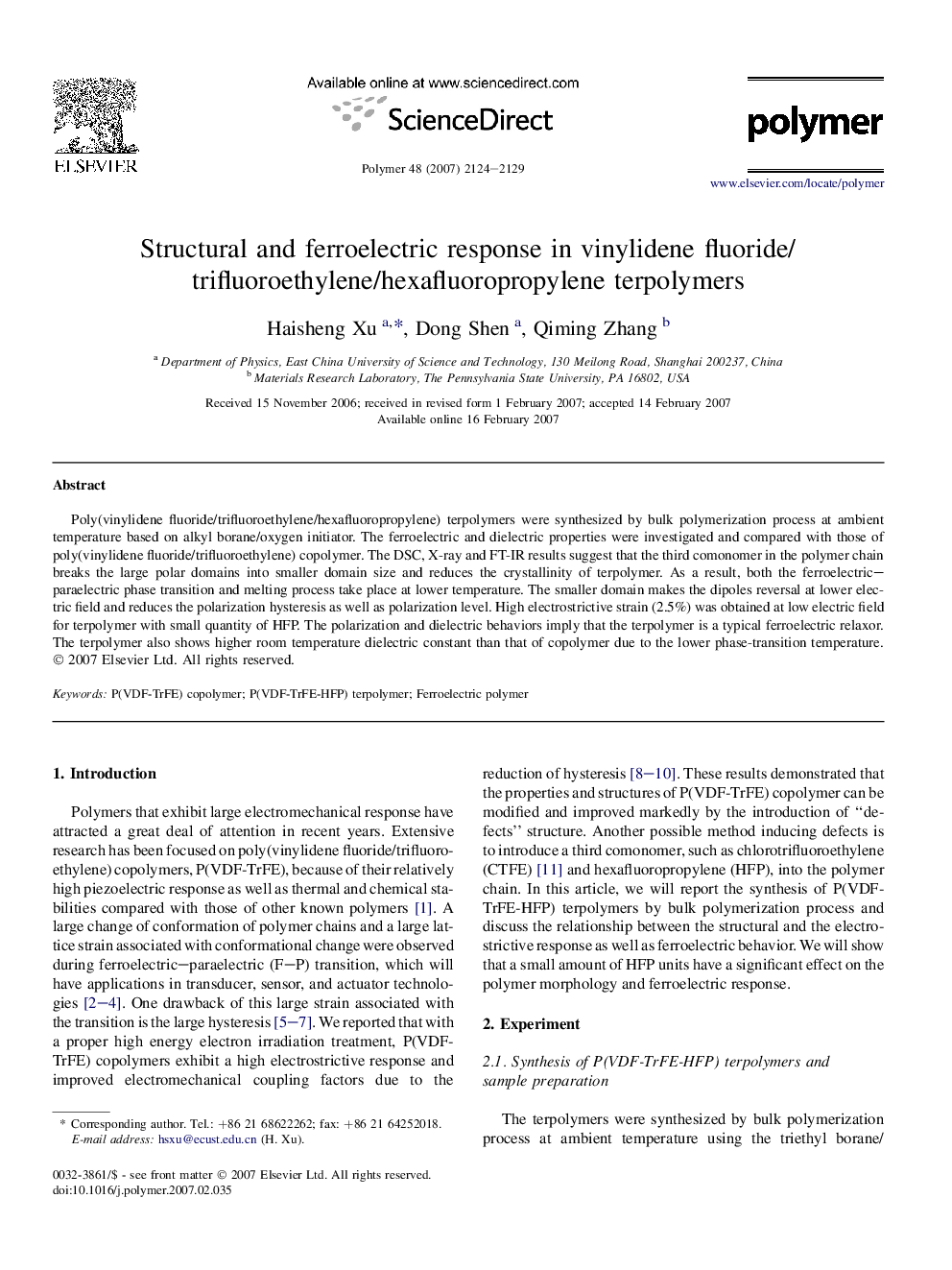 Structural and ferroelectric response in vinylidene fluoride/trifluoroethylene/hexafluoropropylene terpolymers