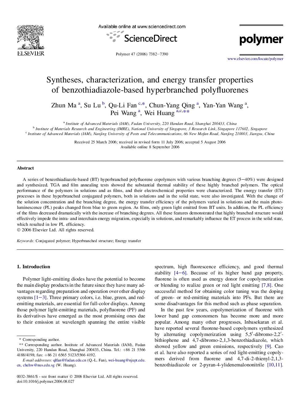 Syntheses, characterization, and energy transfer properties of benzothiadiazole-based hyperbranched polyfluorenes