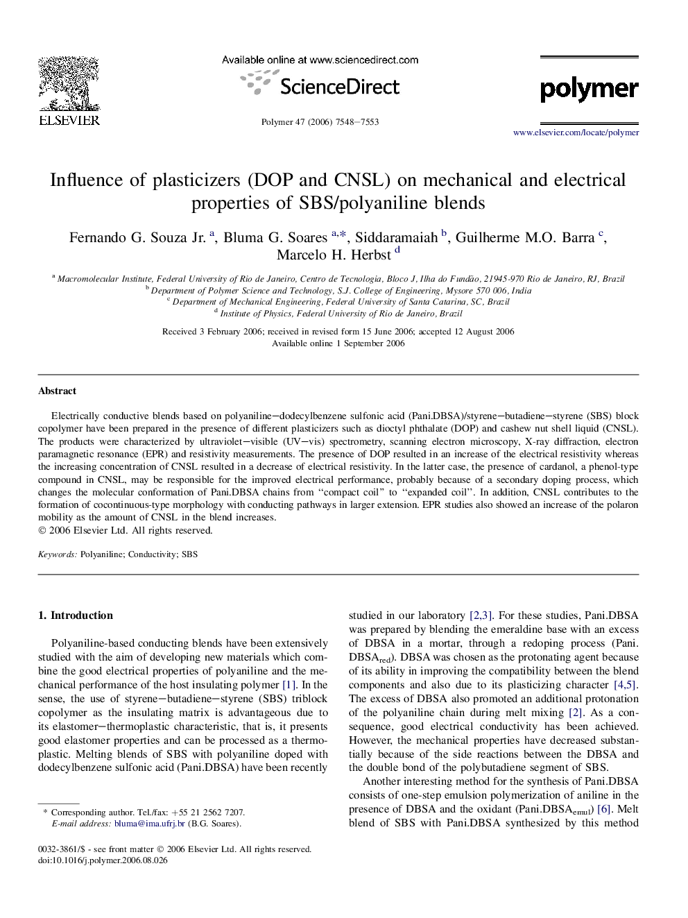 Influence of plasticizers (DOP and CNSL) on mechanical and electrical properties of SBS/polyaniline blends