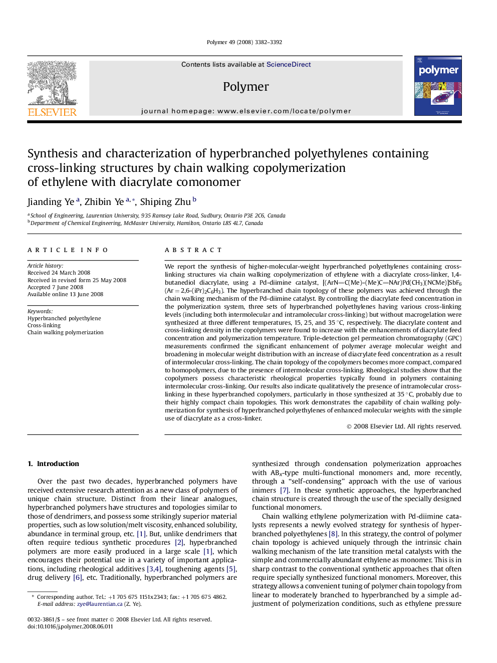 Synthesis and characterization of hyperbranched polyethylenes containing cross-linking structures by chain walking copolymerization of ethylene with diacrylate comonomer