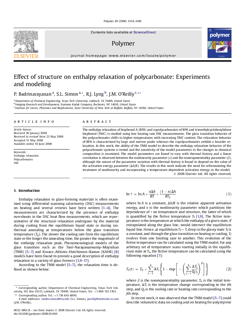 Effect of structure on enthalpy relaxation of polycarbonate: Experiments and modeling