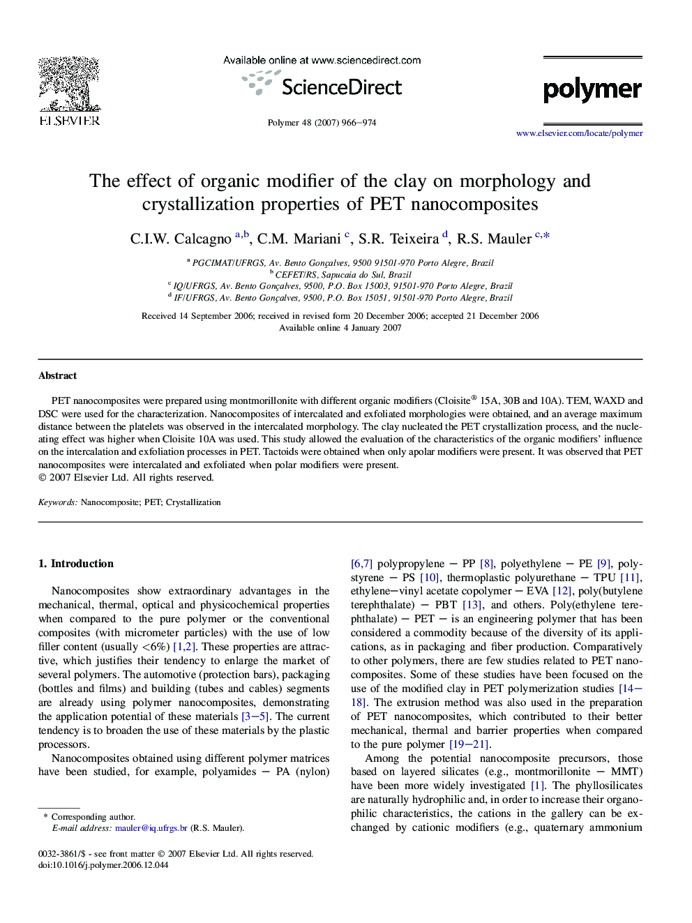 The effect of organic modifier of the clay on morphology and crystallization properties of PET nanocomposites