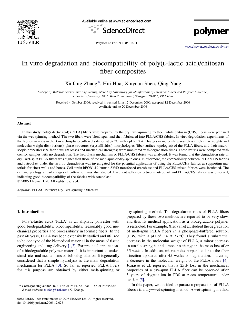 In vitro degradation and biocompatibility of poly(l-lactic acid)/chitosan fiber composites