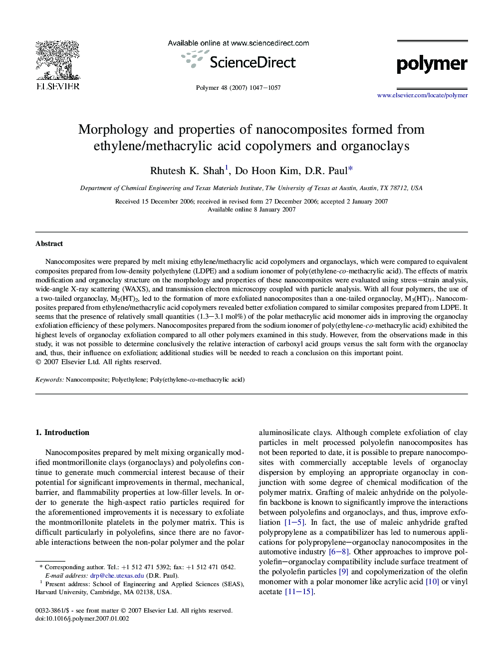 Morphology and properties of nanocomposites formed from ethylene/methacrylic acid copolymers and organoclays