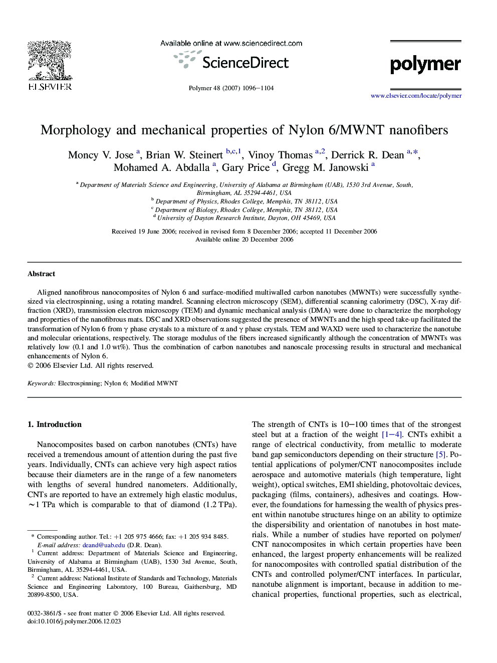 Morphology and mechanical properties of Nylon 6/MWNT nanofibers