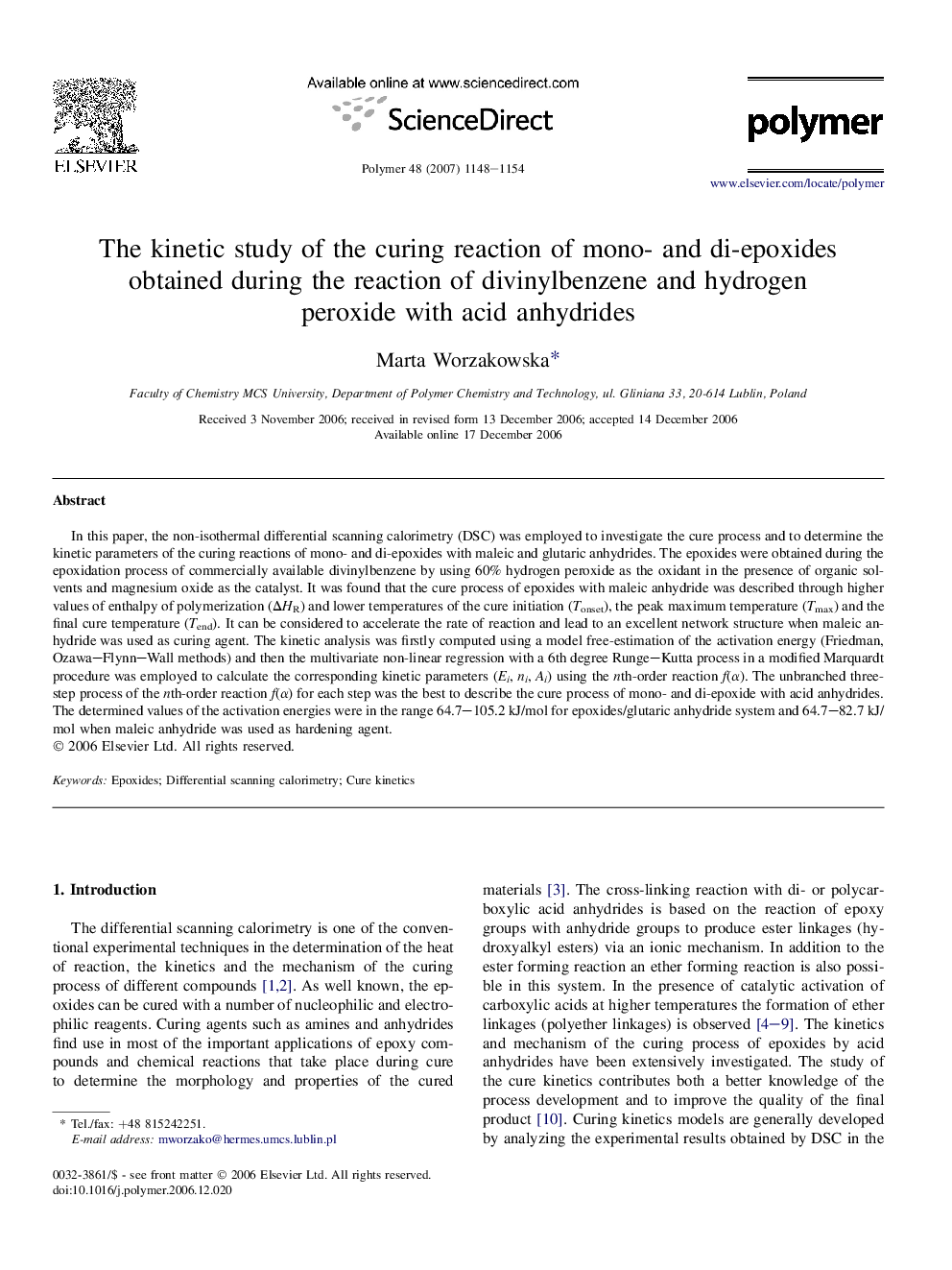 The kinetic study of the curing reaction of mono- and di-epoxides obtained during the reaction of divinylbenzene and hydrogen peroxide with acid anhydrides