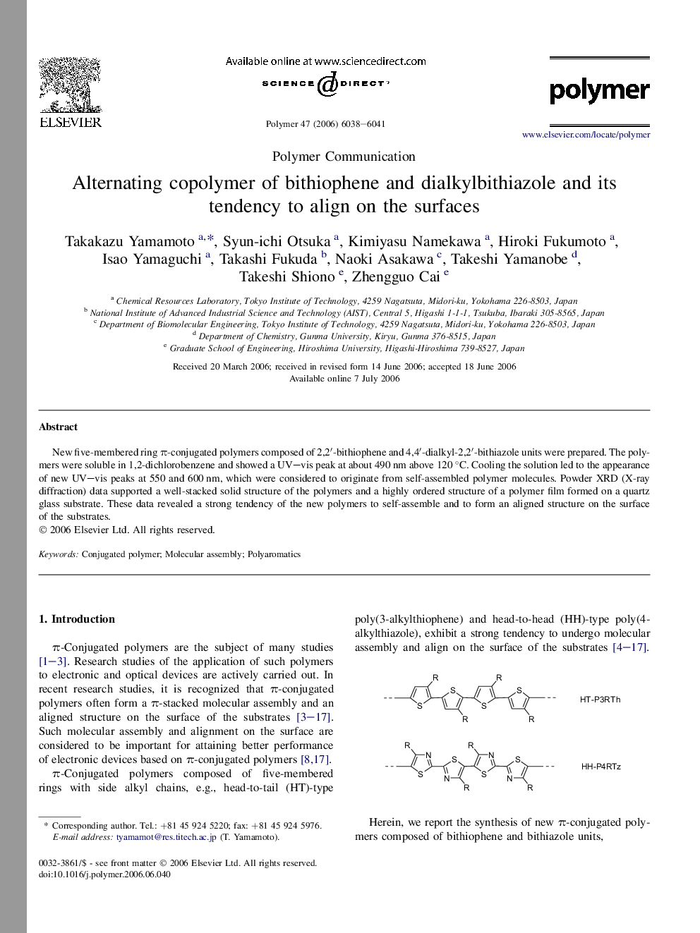 Alternating copolymer of bithiophene and dialkylbithiazole and its tendency to align on the surfaces