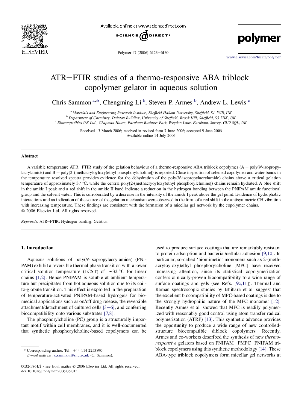 ATR-FTIR studies of a thermo-responsive ABA triblock copolymer gelator in aqueous solution