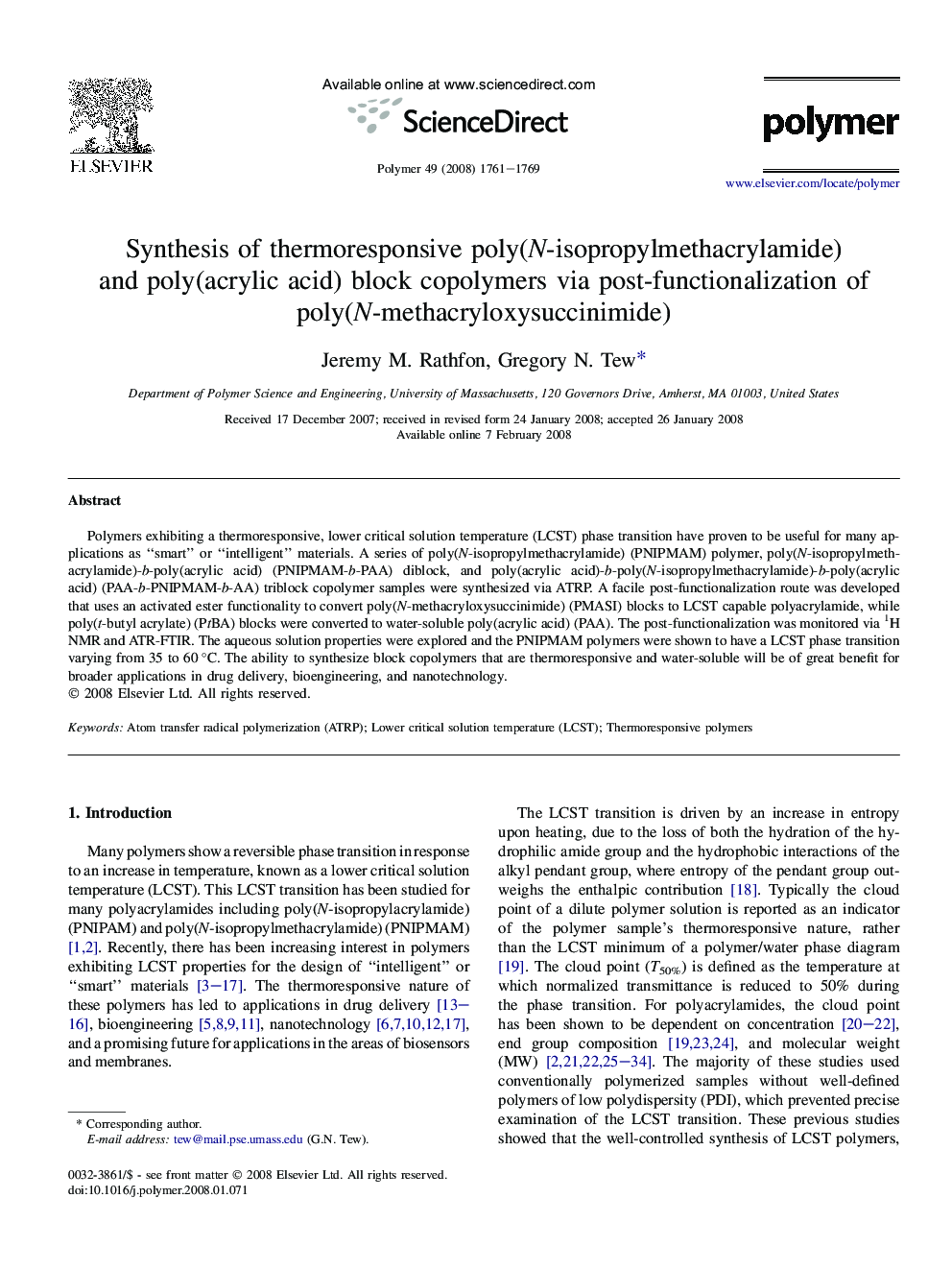 Synthesis of thermoresponsive poly(N-isopropylmethacrylamide) and poly(acrylic acid) block copolymers via post-functionalization of poly(N-methacryloxysuccinimide)