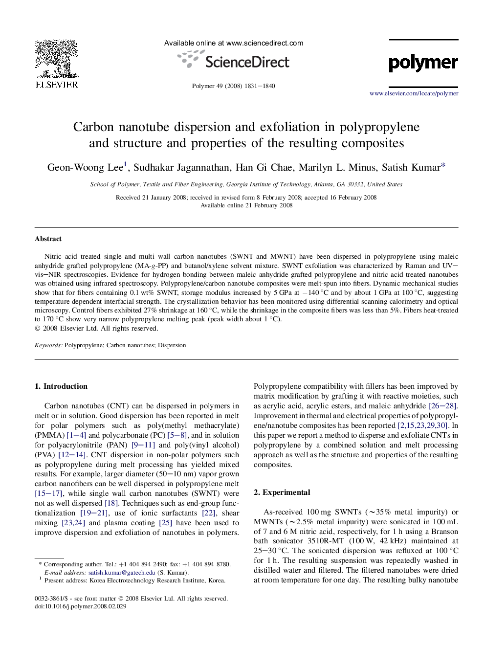 Carbon nanotube dispersion and exfoliation in polypropylene and structure and properties of the resulting composites