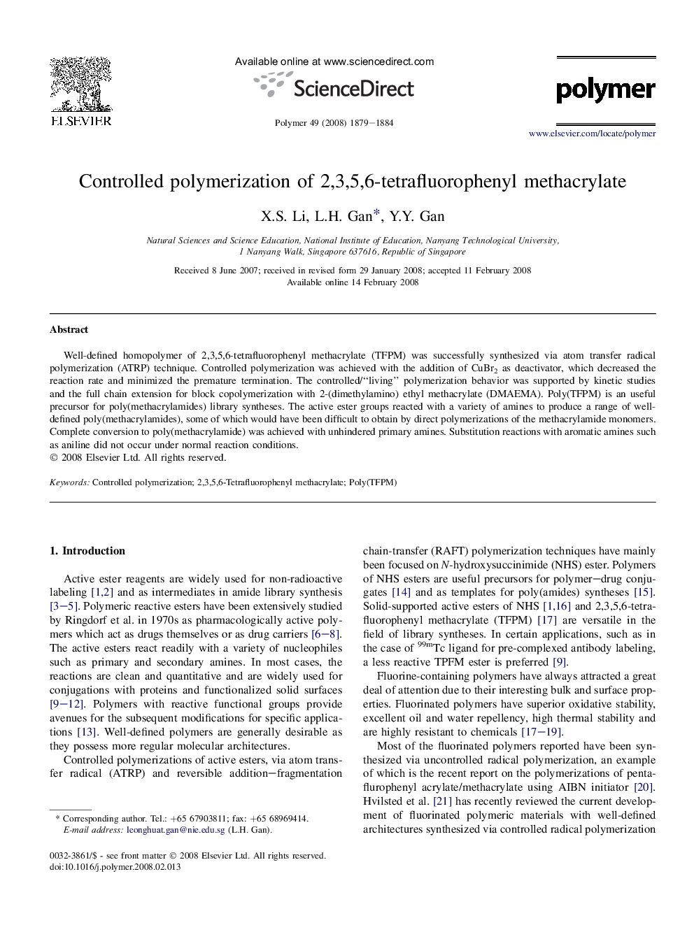 Controlled polymerization of 2,3,5,6-tetrafluorophenyl methacrylate