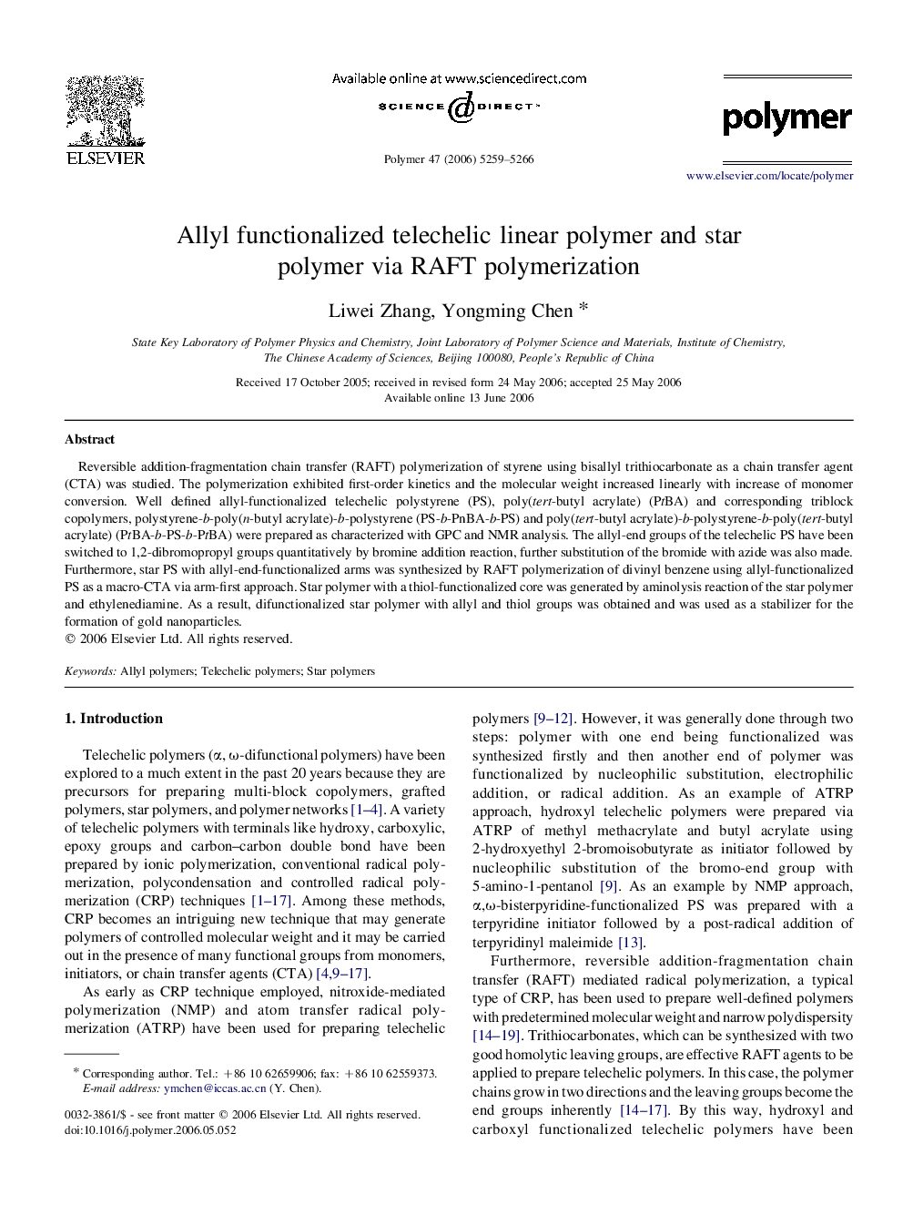 Allyl functionalized telechelic linear polymer and star polymer via RAFT polymerization