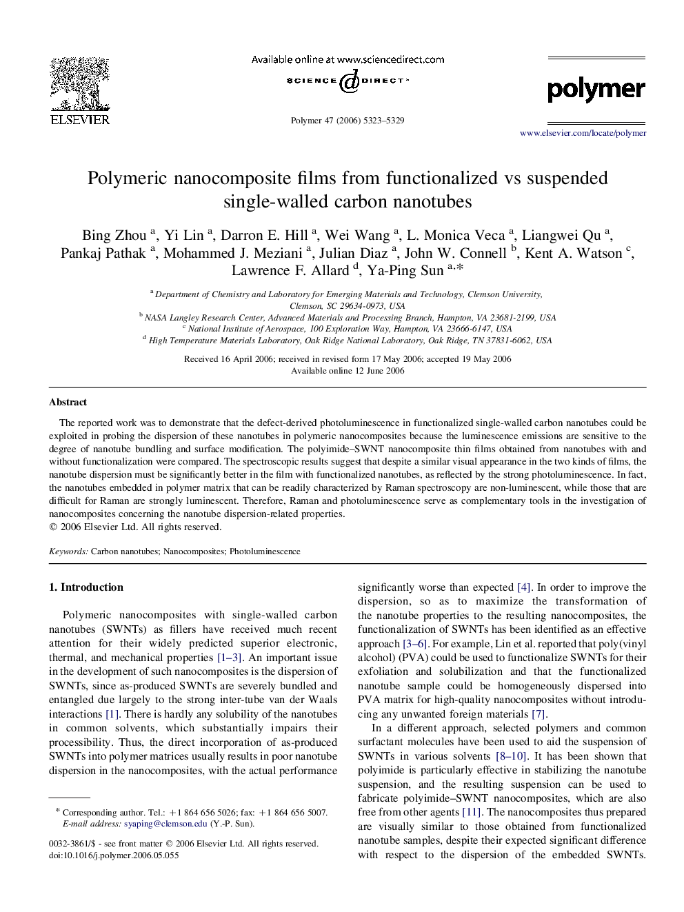 Polymeric nanocomposite films from functionalized vs suspended single-walled carbon nanotubes