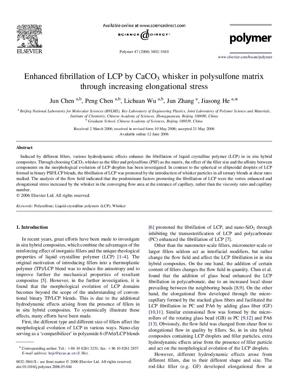 Enhanced fibrillation of LCP by CaCO3 whisker in polysulfone matrix through increasing elongational stress