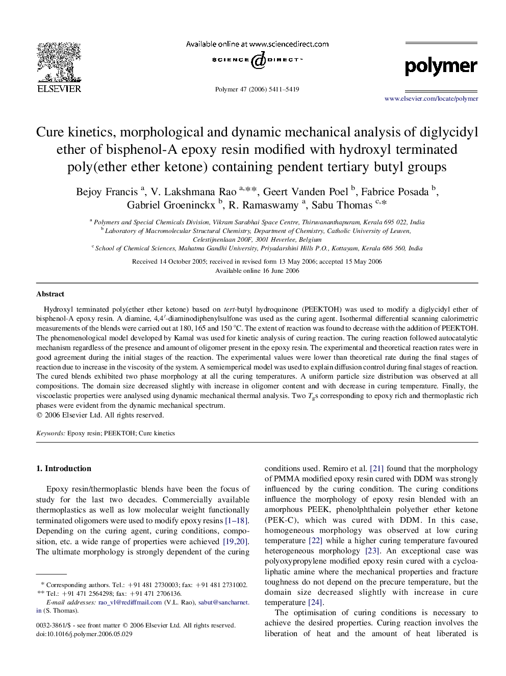 Cure kinetics, morphological and dynamic mechanical analysis of diglycidyl ether of bisphenol-A epoxy resin modified with hydroxyl terminated poly(ether ether ketone) containing pendent tertiary butyl groups