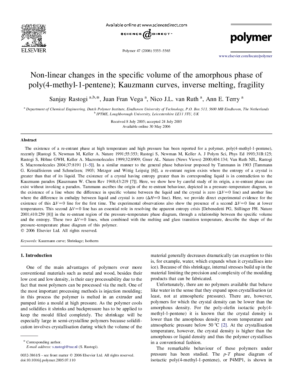 Non-linear changes in the specific volume of the amorphous phase of poly(4-methyl-1-pentene); Kauzmann curves, inverse melting, fragility