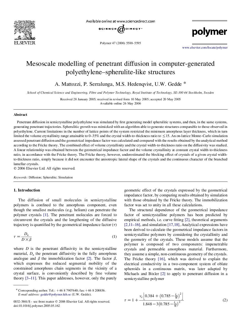 Mesoscale modelling of penetrant diffusion in computer-generated polyethylene-spherulite-like structures