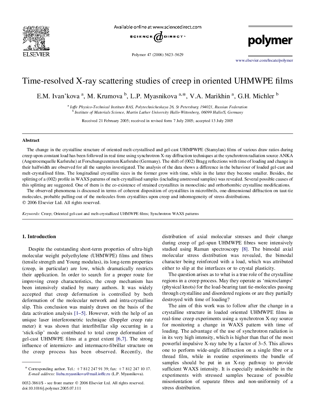 Time-resolved X-ray scattering studies of creep in oriented UHMWPE films