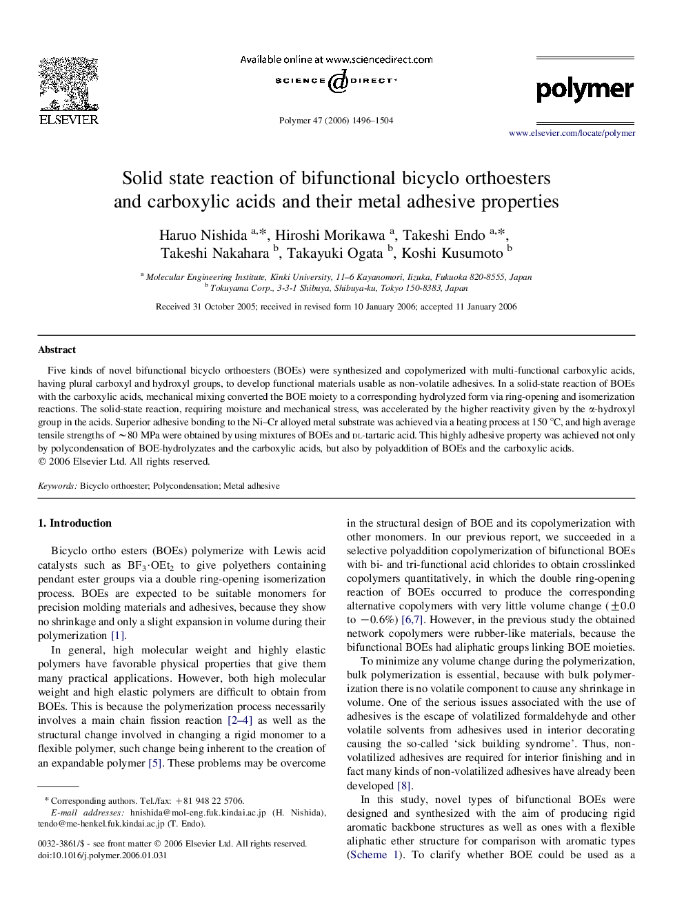 Solid state reaction of bifunctional bicyclo orthoesters and carboxylic acids and their metal adhesive properties