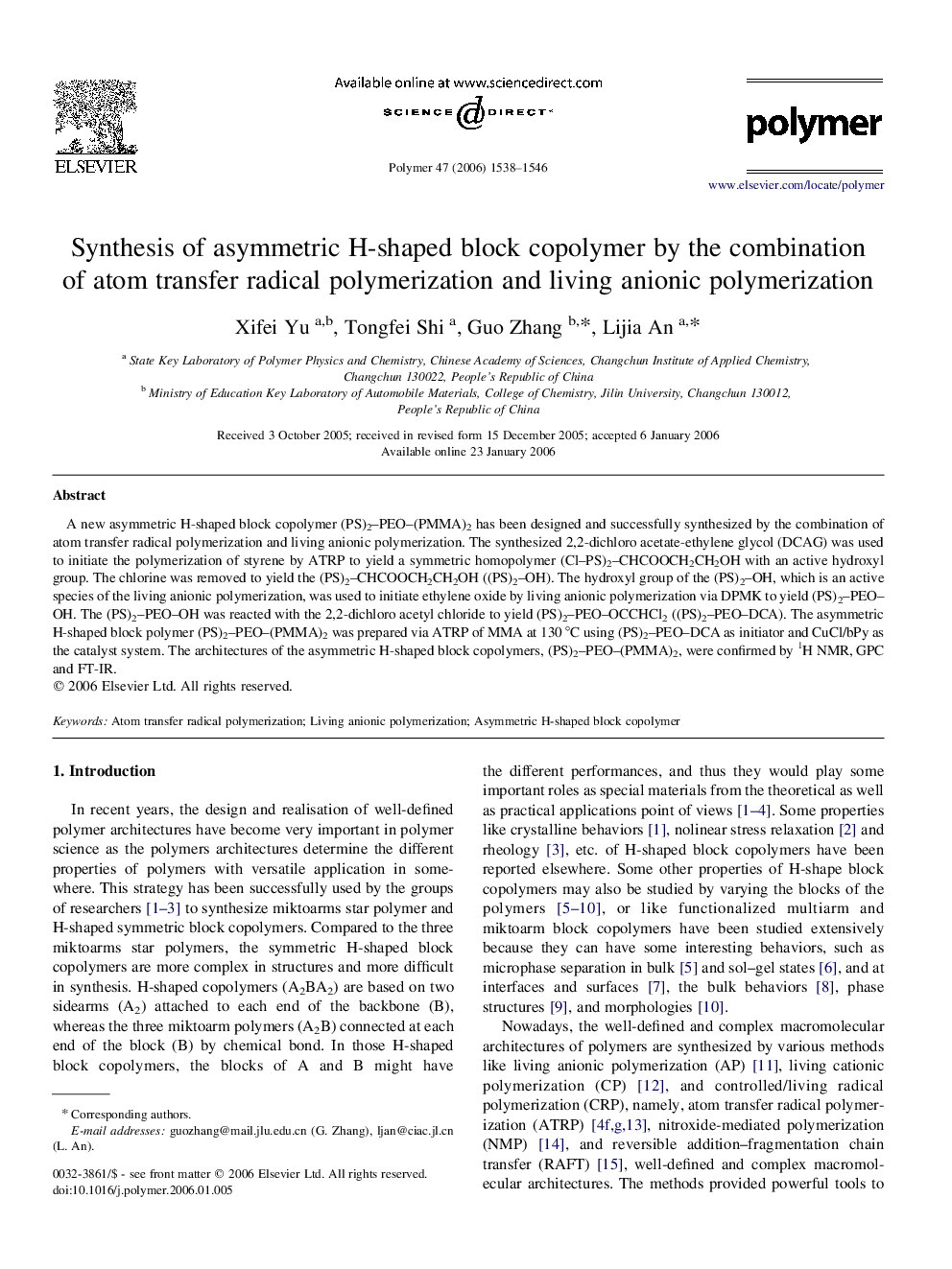 Synthesis of asymmetric H-shaped block copolymer by the combination of atom transfer radical polymerization and living anionic polymerization